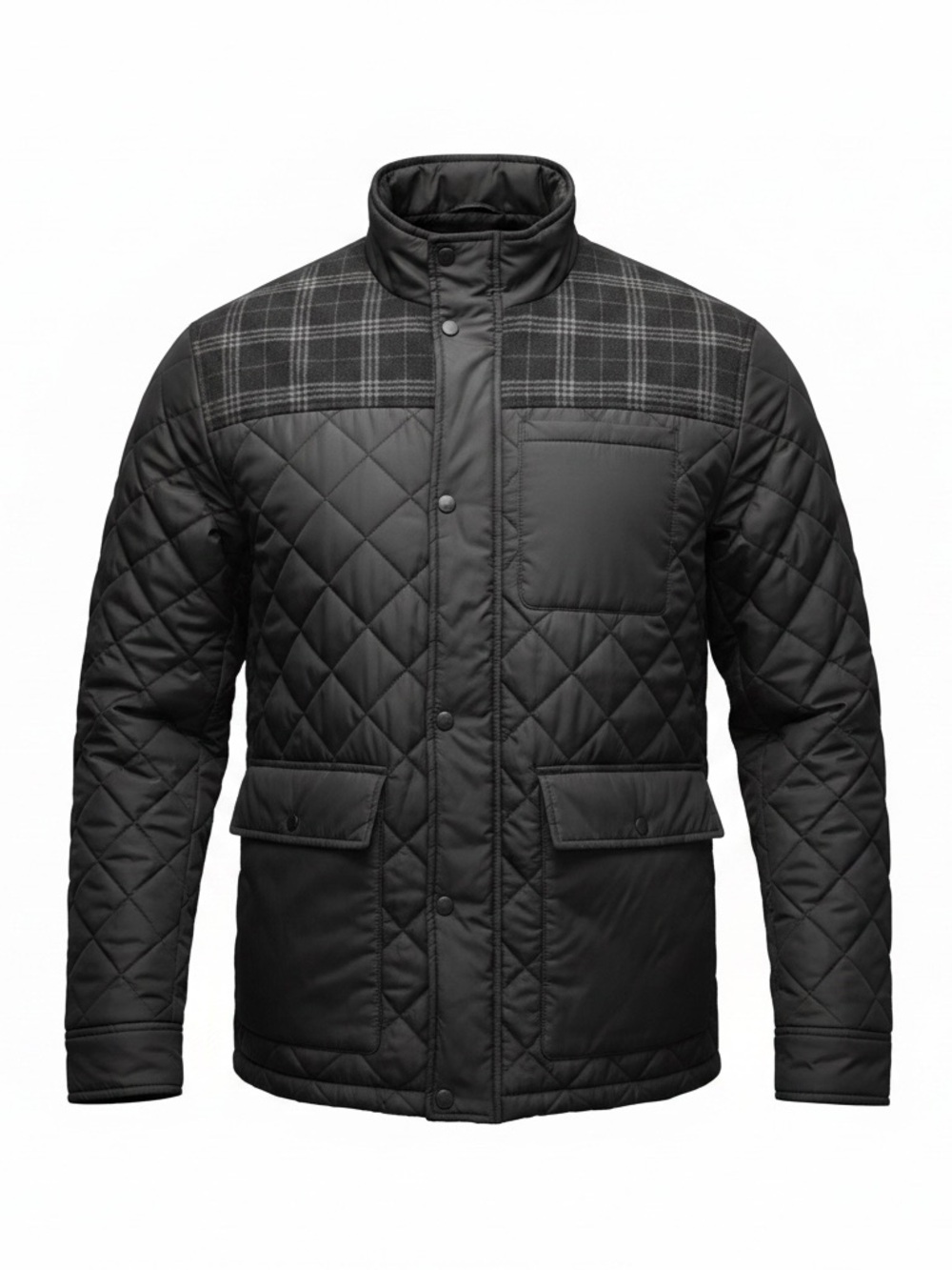 Cole Haan Black Quilted Puffer Jacket with Gray Plaid Yoke